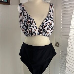 Leopard Print Bikini Top and Black High-Waist Bottom